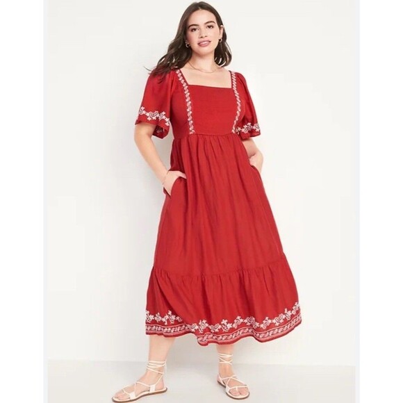 Old Navy Dresses & Skirts - Old Navy Shirt Dress S Midi Smocked Embroidered Prairie Milkmaid Red White Boho